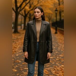 Vintage MARGO’S Genuine Leather Long Coat Black Gold Buttons Size L